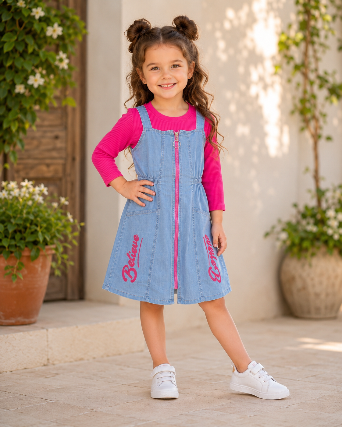 Girls Hot Pink Light Denim Dungaree Dress [GD-3B-7358] (3-11 Years