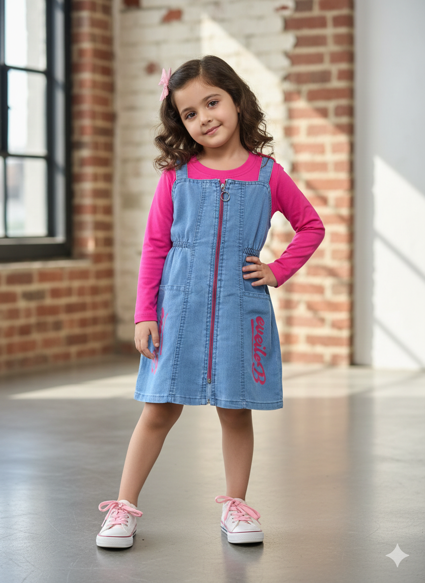 Pink Denim Dungaree Dress Girls Pink Light Denim Dungaree Dress [GD-7358]  (3-11 Years