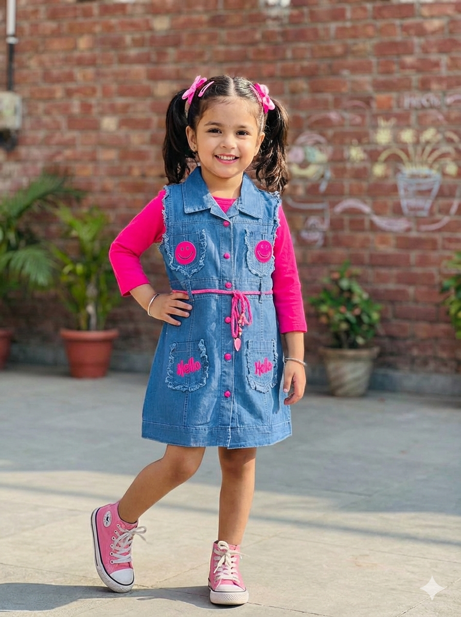 Girls Smiley Hot Pink Denim Dress [GD-7282] (4-12 Years) – Kriss n Kross