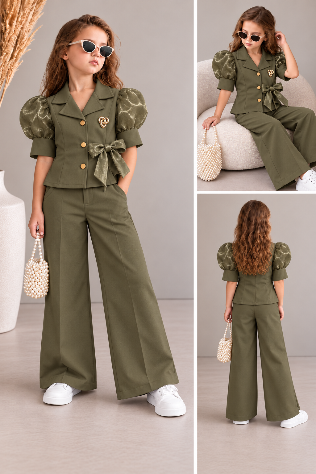 Girls Green Luxe Puff Sleeves Co-Ord Set [GCS-6J-0450] (4-12 Years)