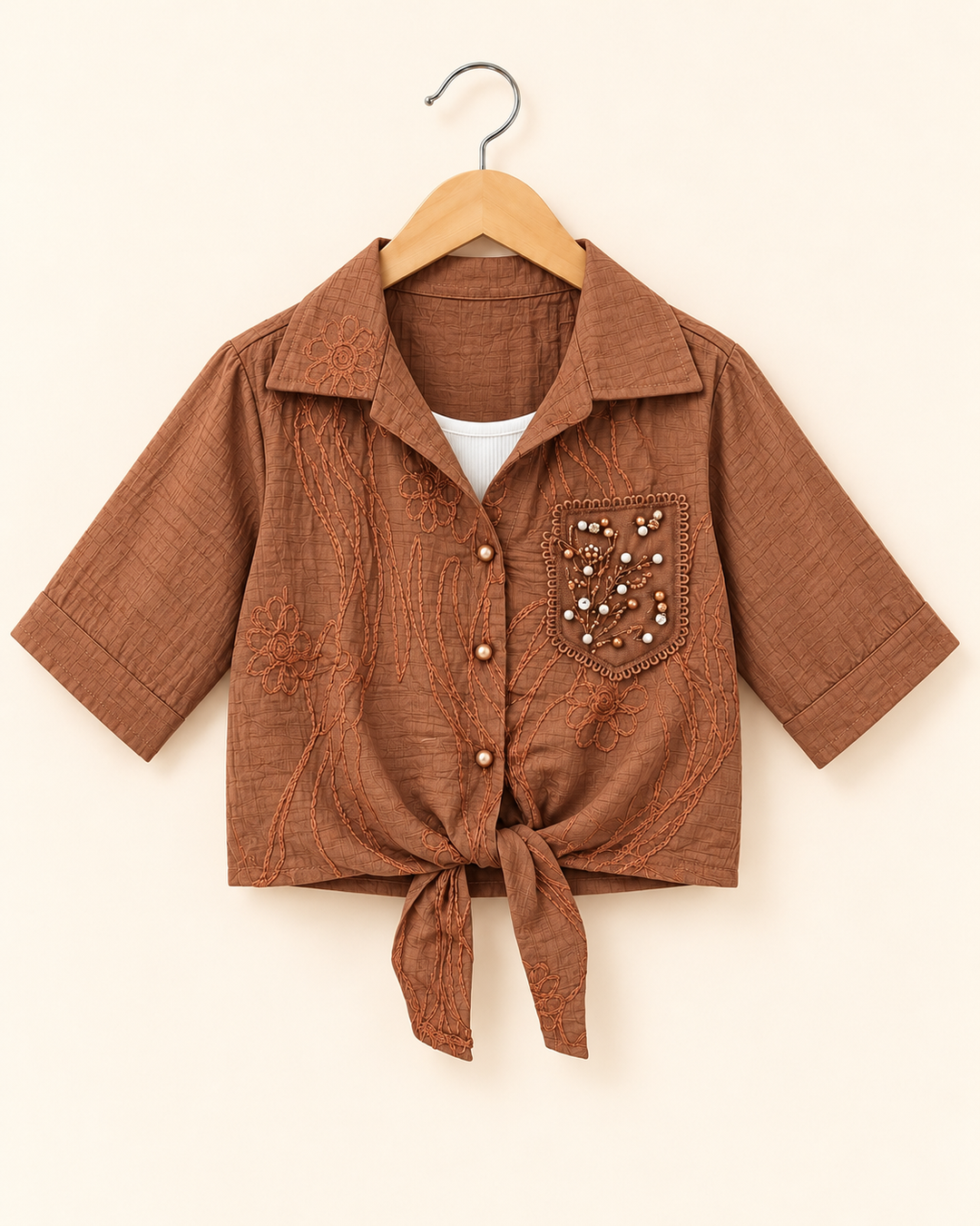 Girls Brown Pearl Tie-Knot Shirt With Inner [ONLY TOP] [GT-R-0788] [4-12 year]