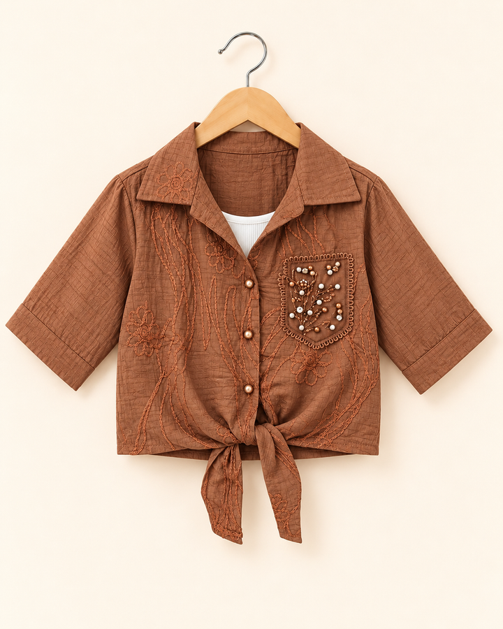 Girls Brown Pearl Tie-Knot Shirt With Inner [ONLY TOP] [GT-R-0788] [4-12 year]