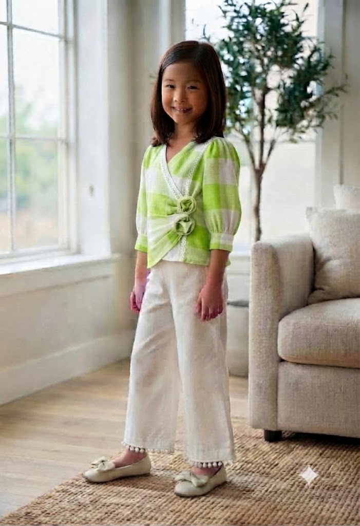 Girls Neon Green Checkered Co-Ord Set [GCS-4D-5225] (4-12 Years)