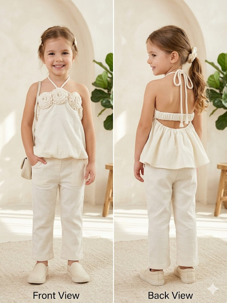 Girl's Party Wear Halter Near Cream Co-Ord Set [GCS-7740] (2-9 Years)