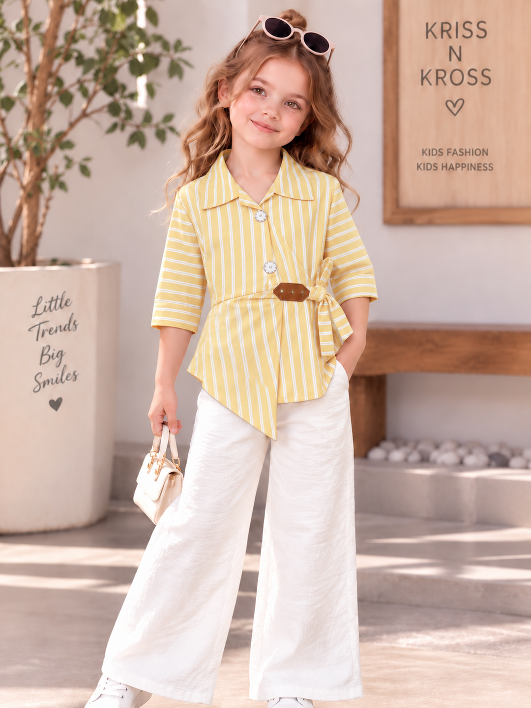 Girls Yellow Stripe Wrap Co-Ord Set [GCS-6D-1985] (4-12Years)