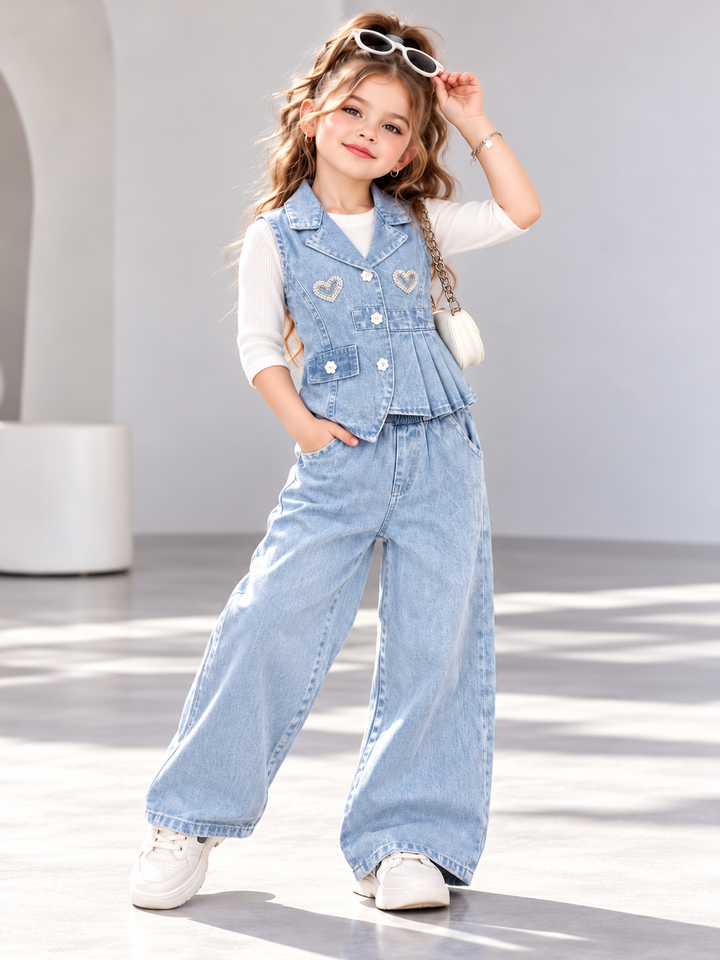Girl's Pearl Heart 3-Piece Denim Co-Ord Set Set [GCS-3F-0794] (4-12Years)