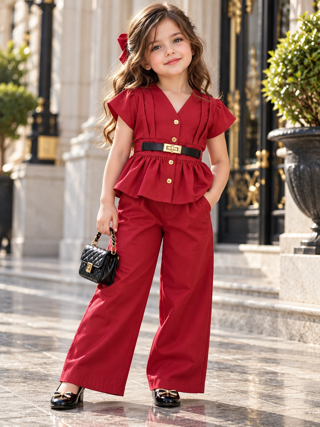 Girls Red Luxe Belted Peplum Co-Ord Set [GCS-4C-9704] (4-12 Years)