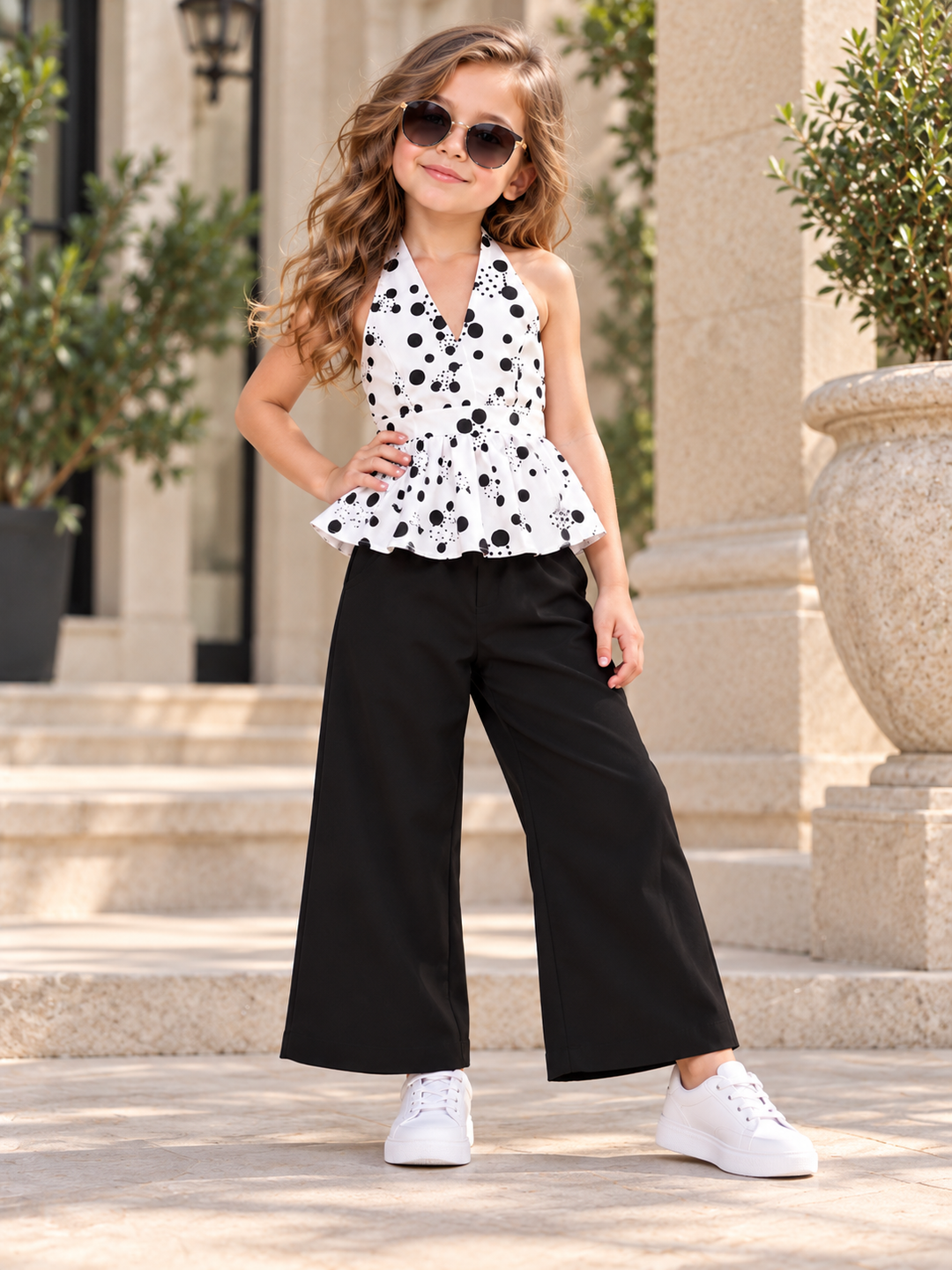 Girls White Polka Dot Halter Neck Co-Ord Set [GCS-2B-0058] (4-12 Years)
