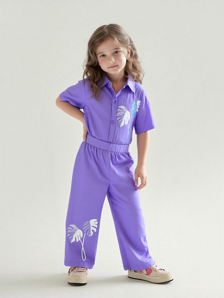 Girl's Purple Cotton Co-Ord Set [GCS-7634] (4-12 Years)