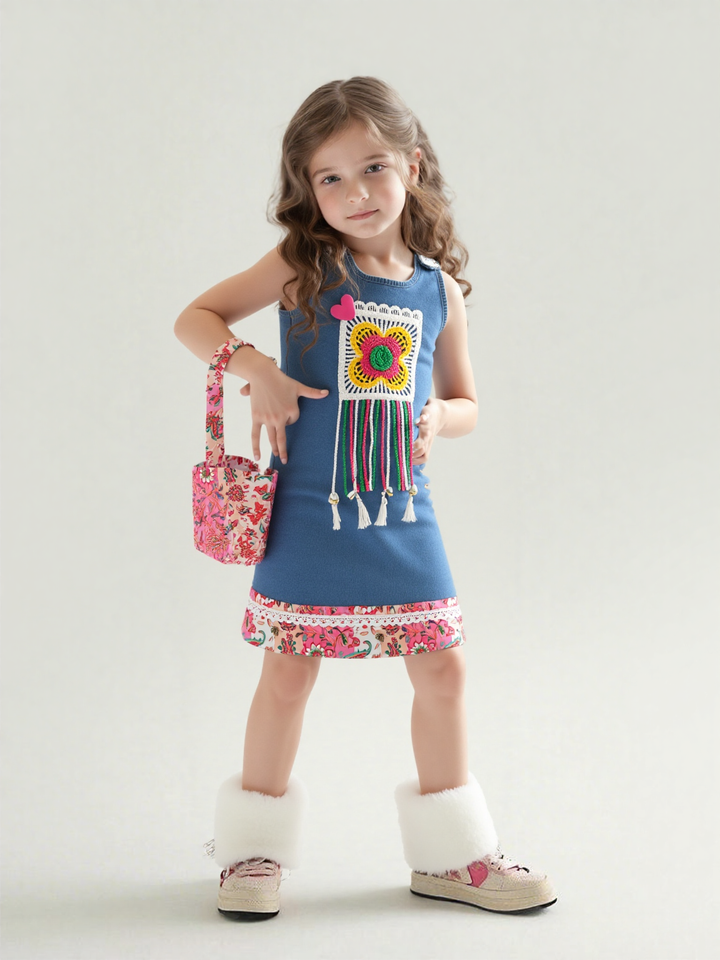 Girls Denim Dress With Hat & Purse [GD-7613] (1-10 Years )
