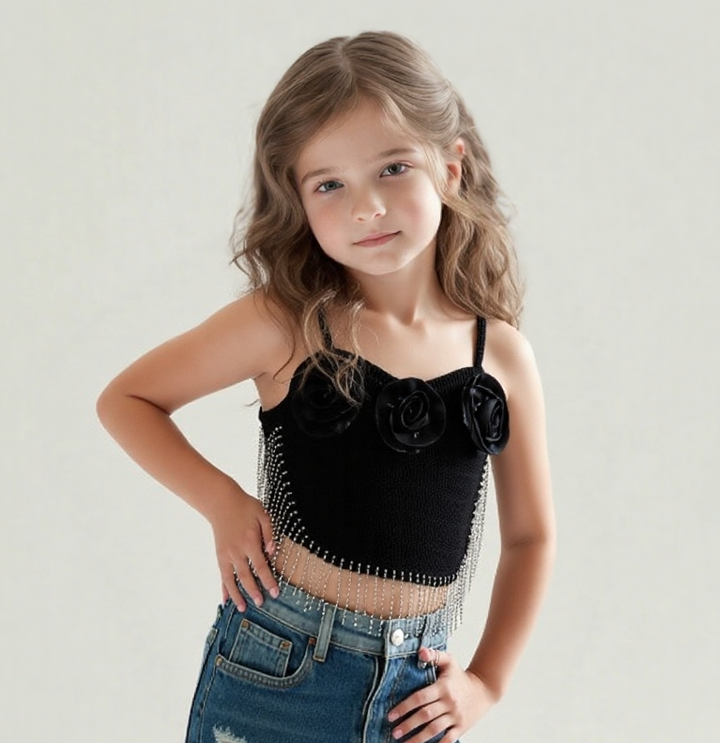 Girls Black Imported Rhinestone Top[GT-740] [9M-13 Year]