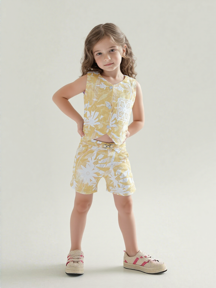 Girl's Yellow Cotton Co-Ord Set [GCS-7567] (4-12 Years)