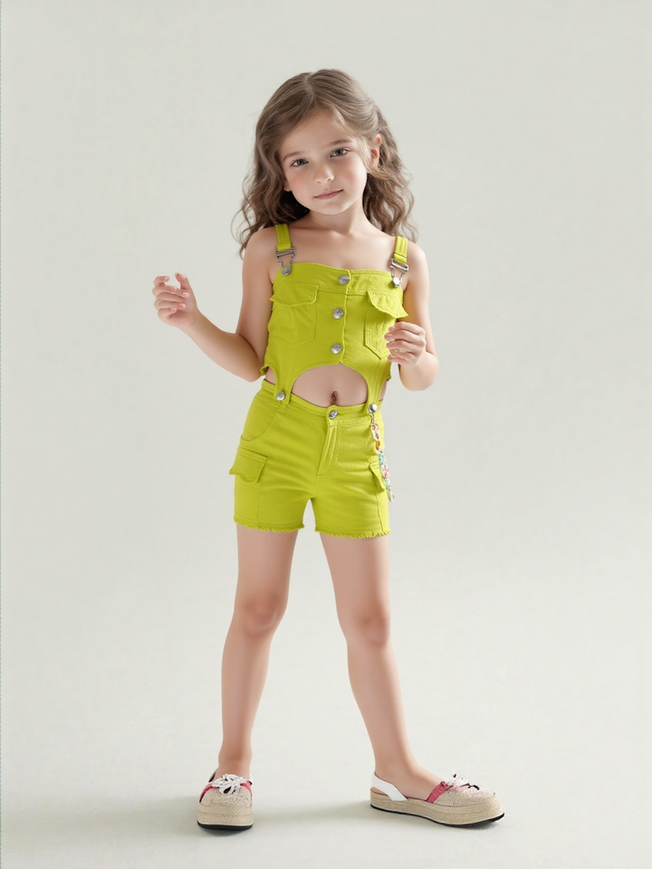 Girls Imported Neon Green Jumpsuit (Co-Ord Set) [GT-7528] (1-7Years)
