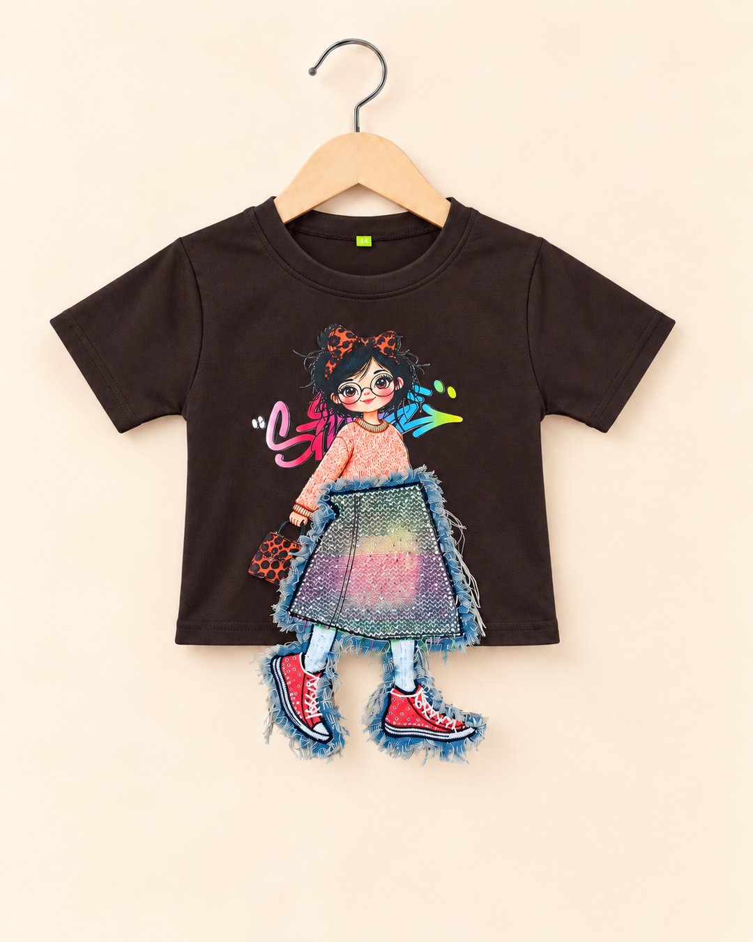 Girls Coffee 3D Denim Patch T-Shirt [GT-R-8271] [4-12 year]