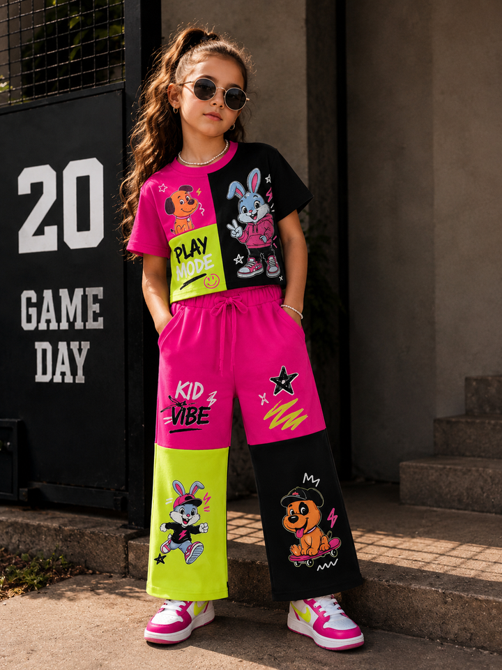 Girl's Funky Colorblock Wide-Leg Co-Ord Set [GCS-4G-4987] (3-12Years)