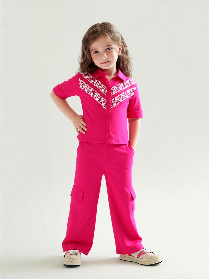 Girls Hot Pink Embroidered Co-Ord Set [GCS-7518] (4-12Years)