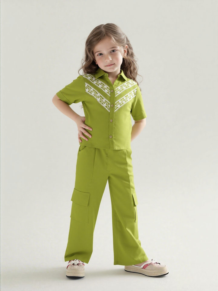 Girls Neon Green Embroidered Co-Ord Set [GCS-7517] (4-12Years)