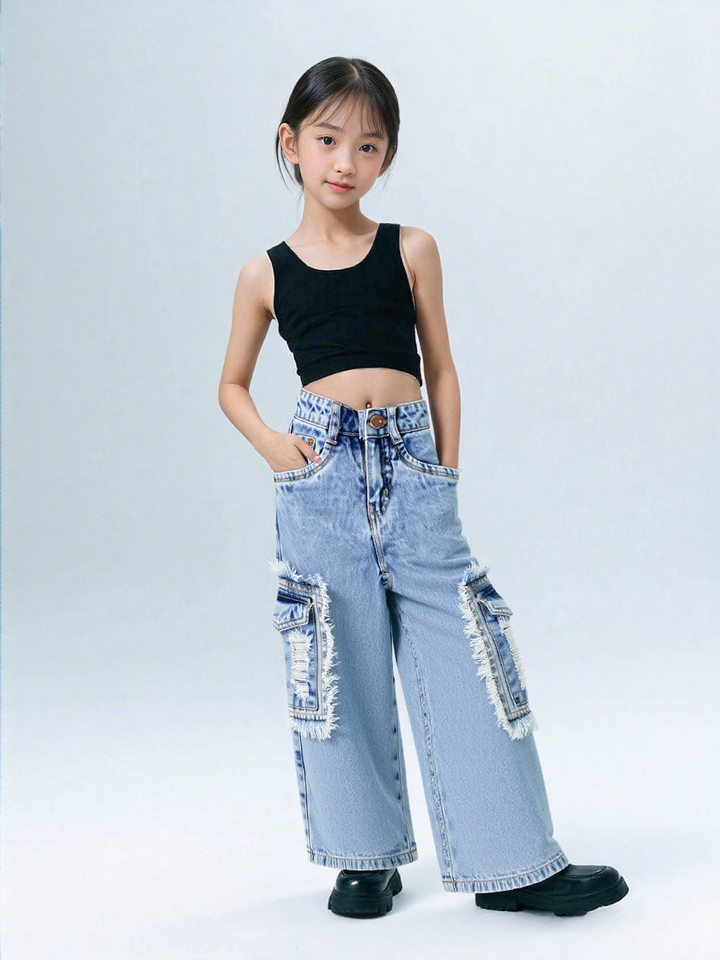Girls Wide Leg Cargo Jeans [GJ-982] (1-14Years)