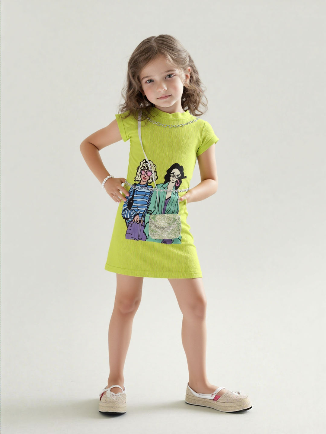 Girls Casual Neon Green One-piece With Purse  [GD-7492] (4-12 Years)
