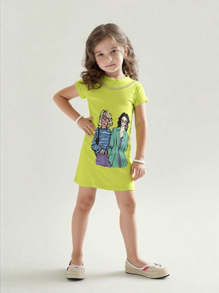 Girls Casual Neon Green One-piece With Purse  [GD-7492] (4-12 Years)