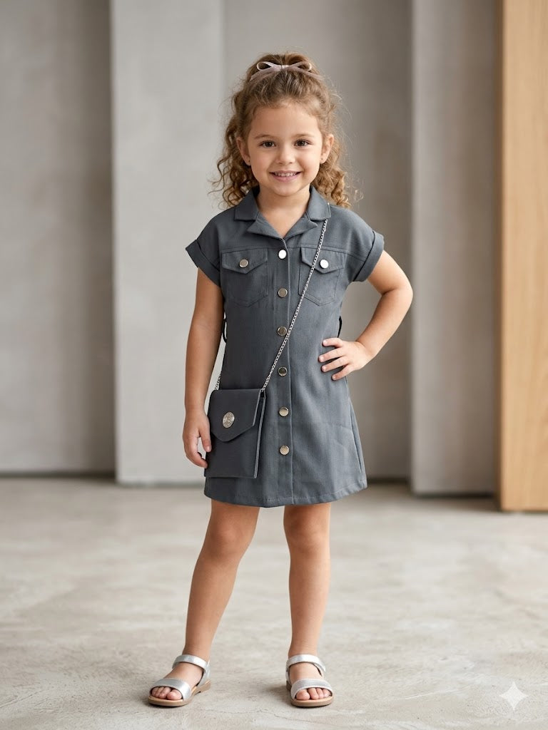 Girls Grey Shirt Dress With Purse [GD-6541] (4-12 Years)