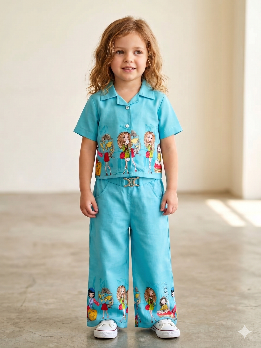 Girls Printed Blue Cotton Co-Ord Set [GCS-4122] (4-11 Years)