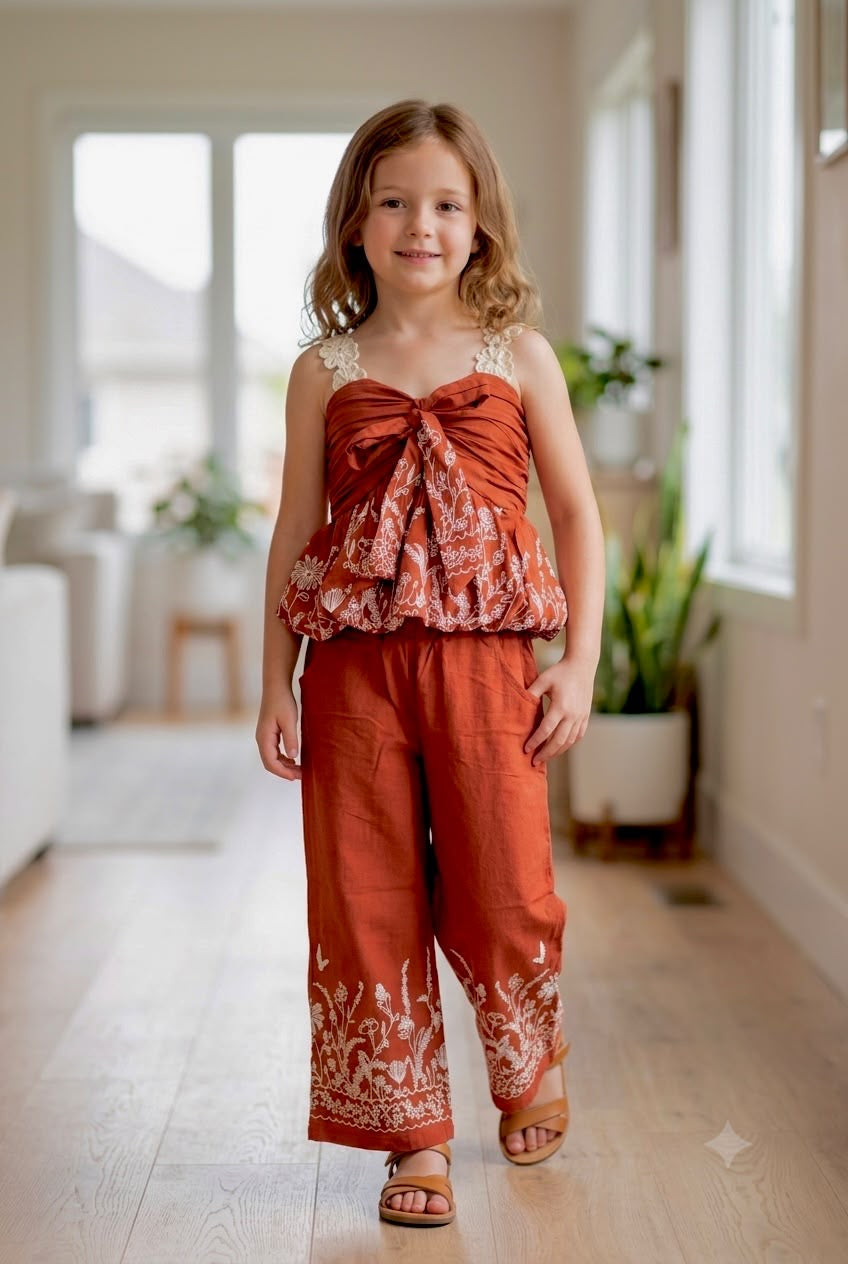 Girls Rust Bloom Lace Strap Printed Co-Ord Set [GCS-5K-5669] (4-12 Years)