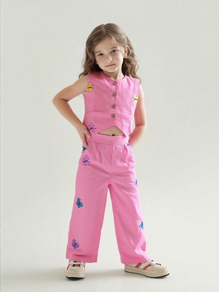 Girl's Peach Embroidered Khadi Cotton Co-Ord Set [GCS-7306] (4-12 Years)