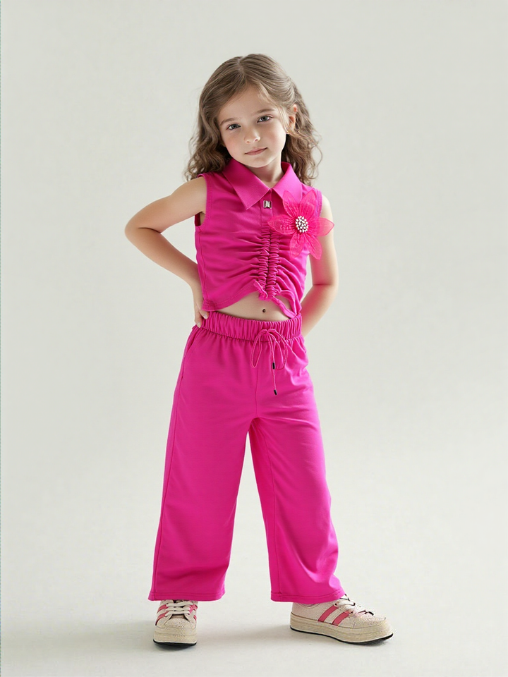 Girl's Causal Hot Pink Flower Co-Ord  Set [GCS-7296](4-12 Years)