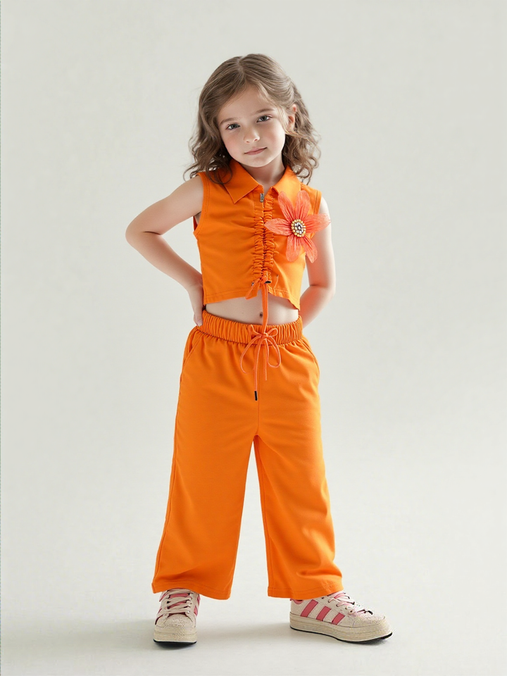 Girl's Causal Orange Flower Co-Ord  Set [GCS-7297](4-12 Years)