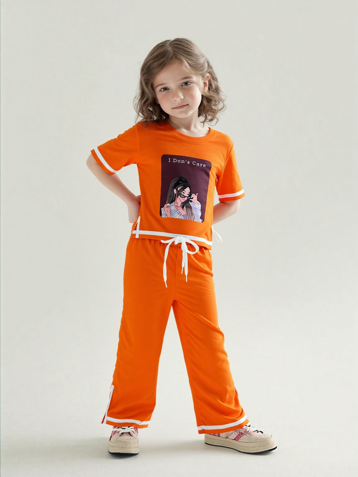 Girl's Causal Orange Co-Ord  Set [GCS-7270](3-12 Years)
