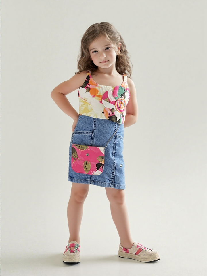 Girls Denim Printed Dress With Purse [GD-9192] (1-6Years)