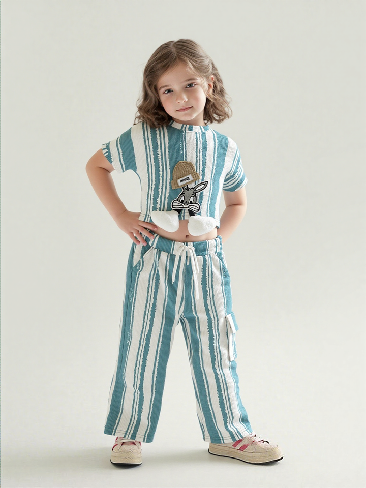 Girl's Striped Cartoon Green Co-Ord Set [GCS-7228](4-12 Years)