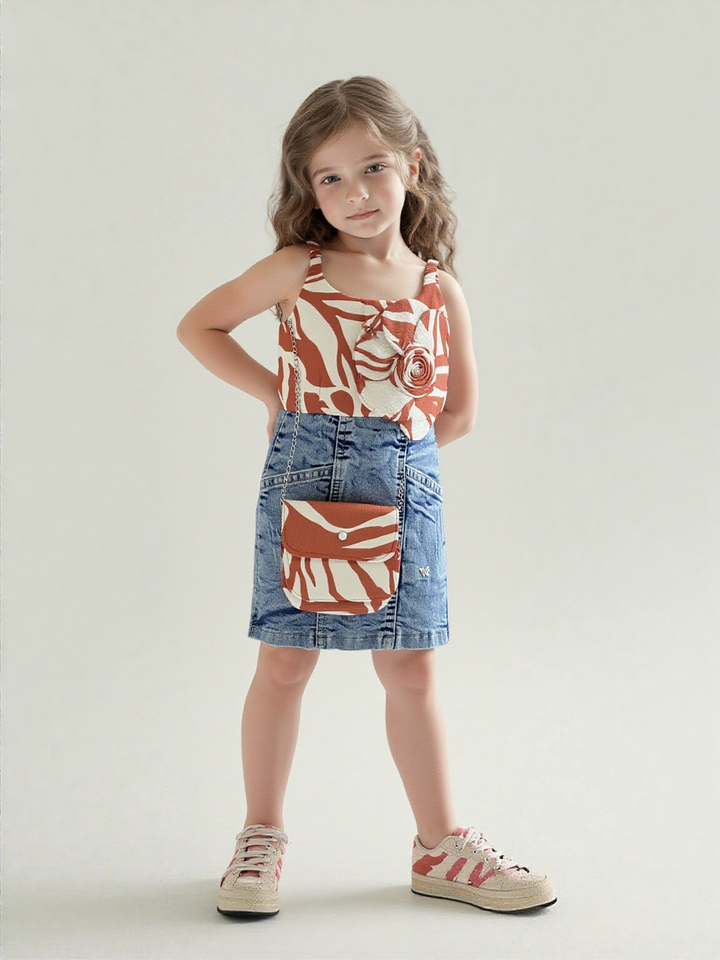 Girls Denim Printed Dress With Purse [GD-9193] (1-6Years)