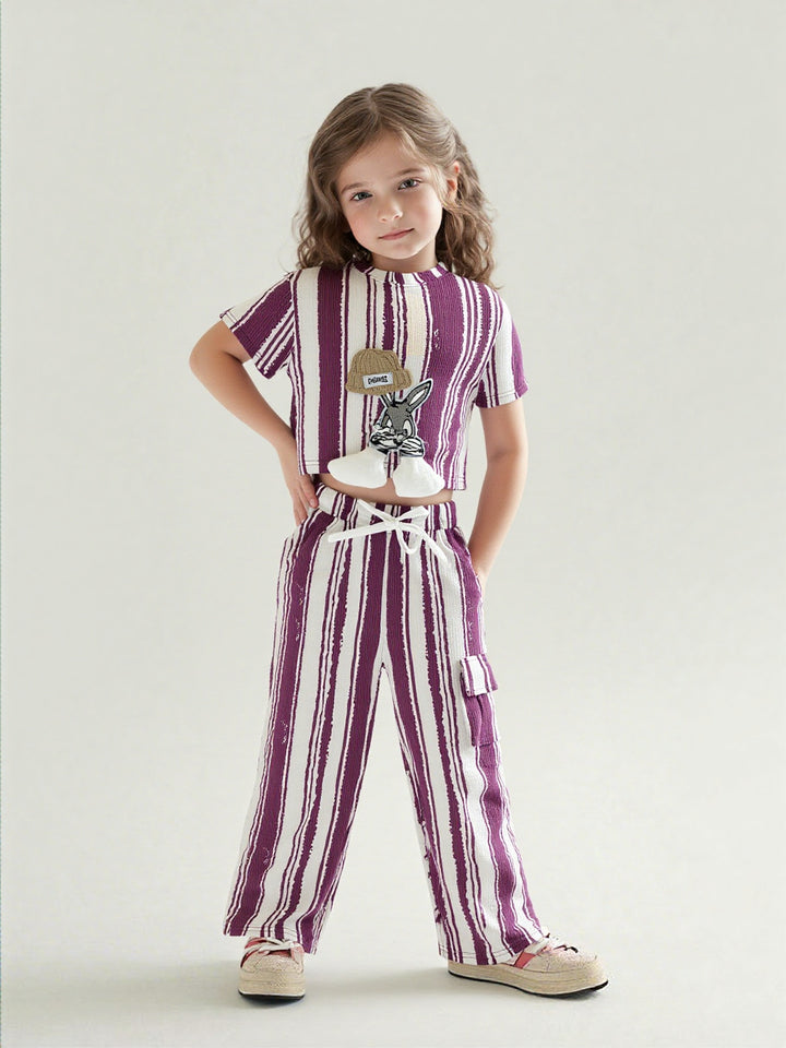 Girl's Striped Cartoon Maroon Co-Ord Set [GCS-7230](4-12 Years)