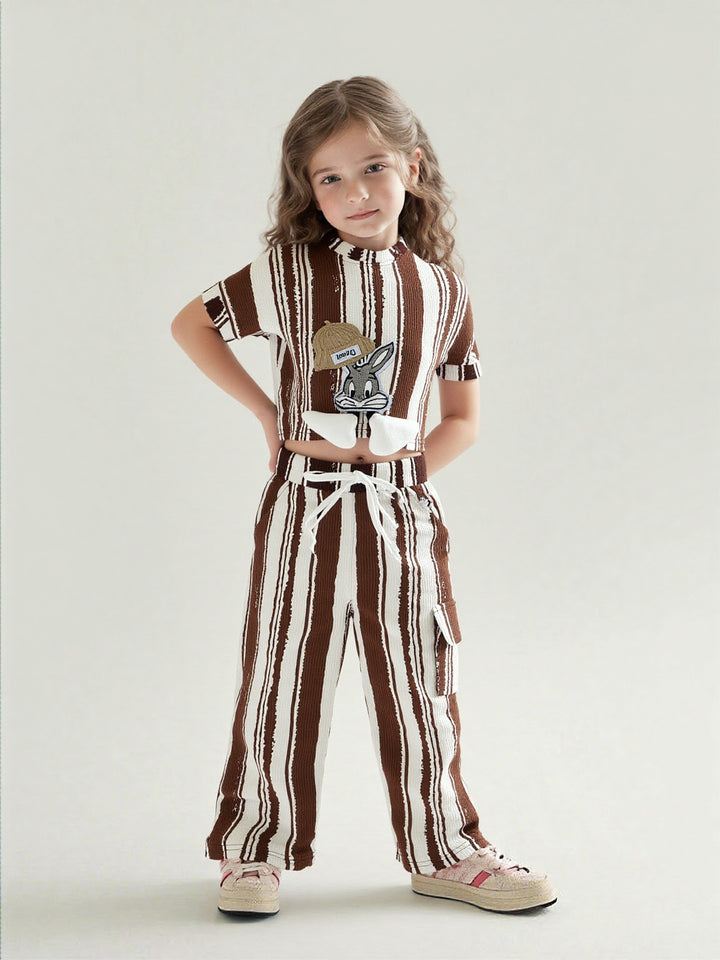 Girl's Striped Cartoon Brown Co-Ord Set [GCS-7231](4-12 Years)