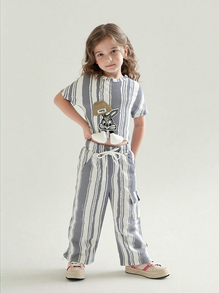 Girl's Striped Cartoon Grey Co-Ord Set [GCS-7232](4-12 Years)