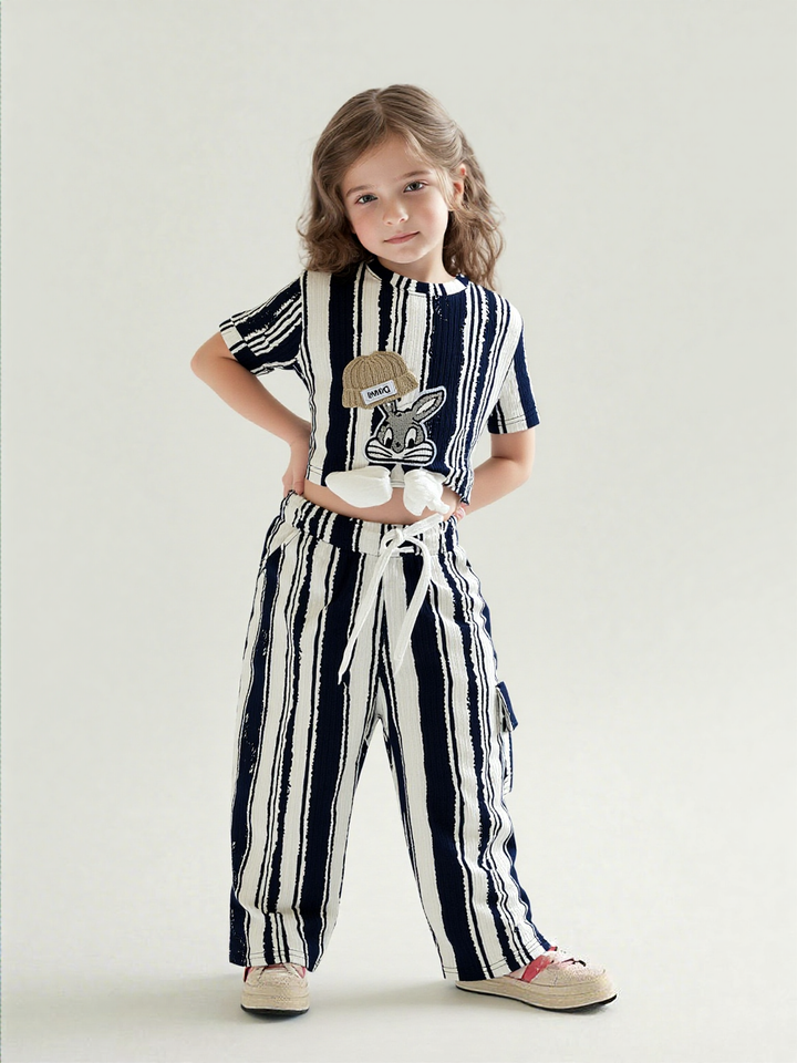 Girl's Striped Cartoon Black Co-Ord Set [GCS-7227](4-12 Years)