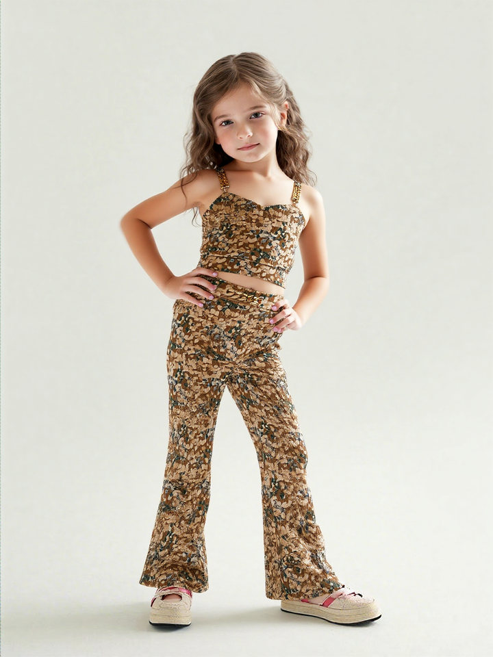 Girl's Beige Velvet Printed Co-Ord Set [GCS-7151](4-12 Years)
