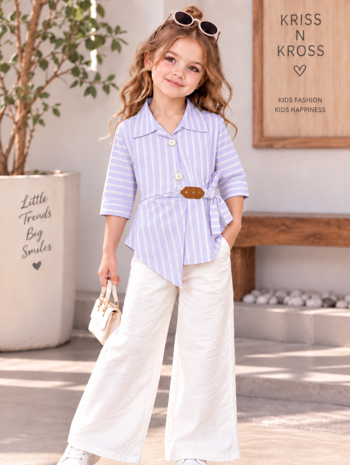 Girls Lilac Stripe Wrap Co-Ord Set [GCS-2D-5666] (4-12Years)