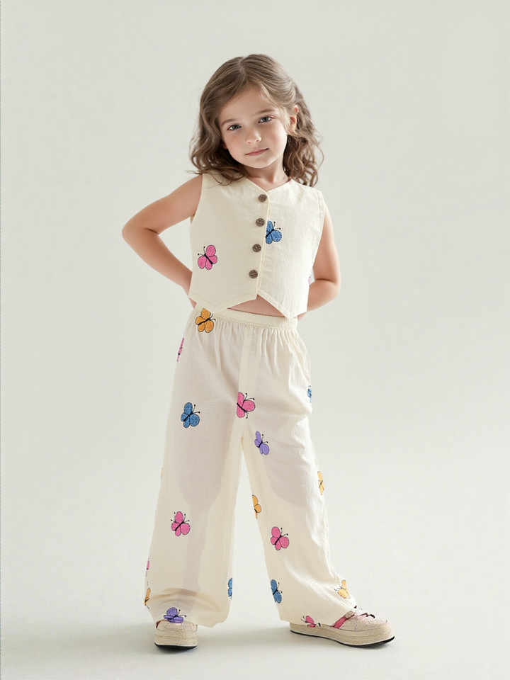 Girl's Yellow Embroidered Khadi Cotton Co-Ord Set [GCS-7635] (4-12 Years)