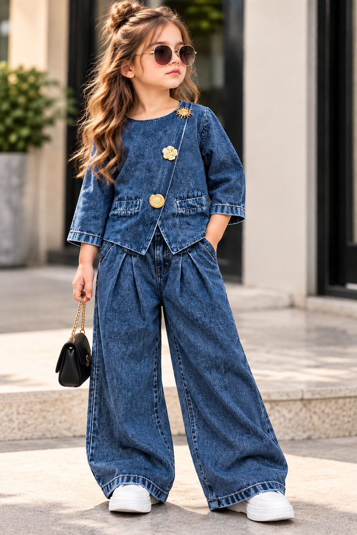 Girls Designer Denim Korean Style Co-Ord Set [GCS-3A-9097] (4-12Years)