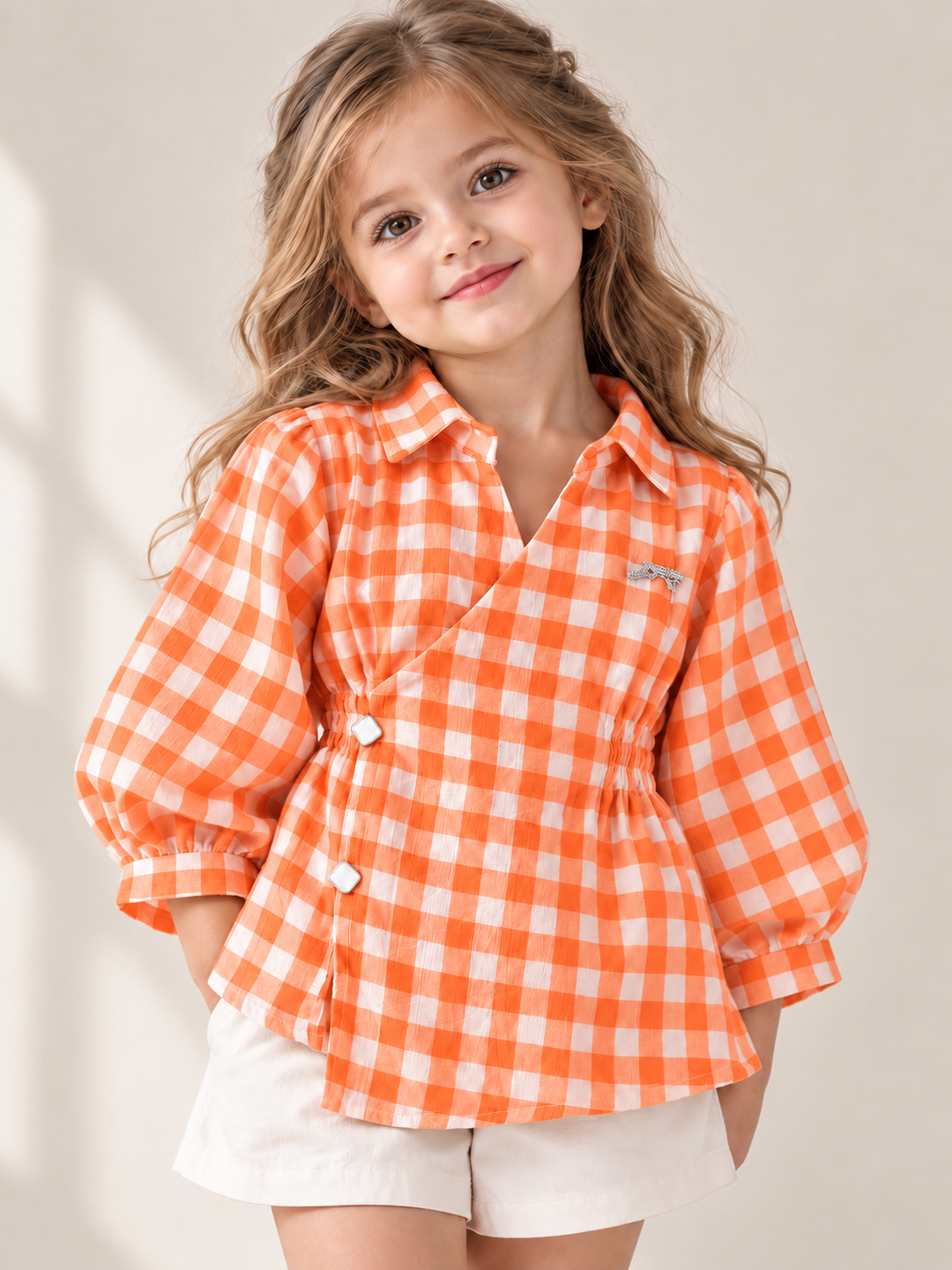 Girl’s Orange Checkered Top [Only Top] [GT-R-2590] [6-15 Year]