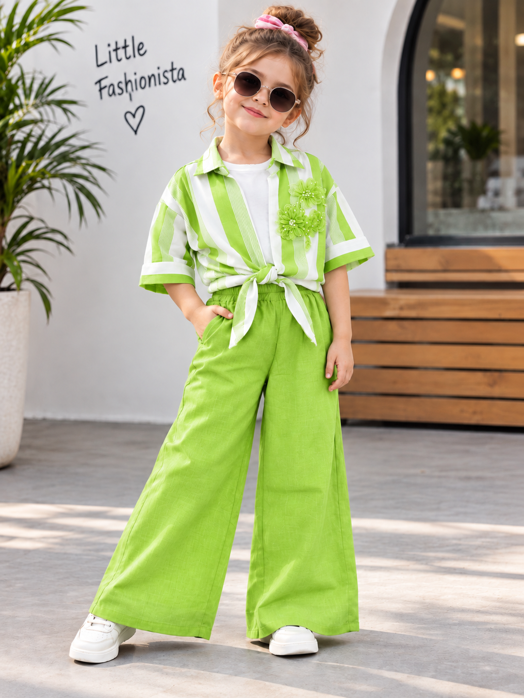 Girls 3 Piece Neon Green Stripe Luxe Co-Ord Set [GCS-5C-2794] (4-12 Years)