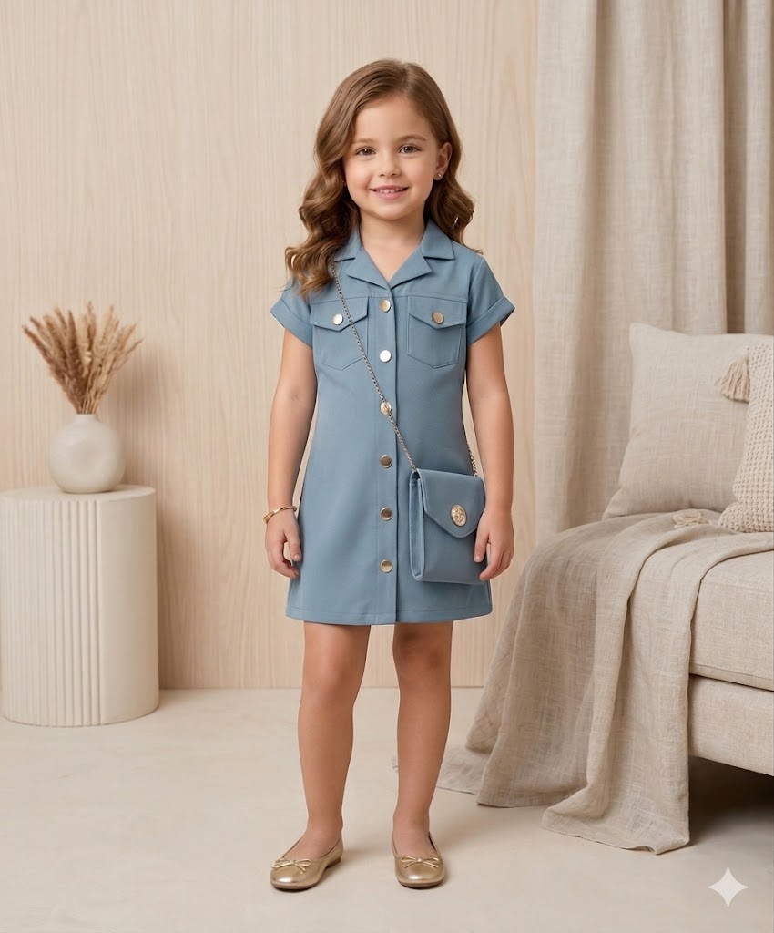 Girls Blue Shirt Dress With Purse [GD-4524] (4-12 Years)