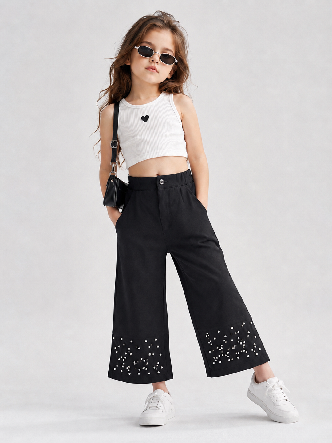 Girls Black Korean Pearl Embellished Pant [ONLY PANT] [GJ-6D-5691] (4-12Years)
