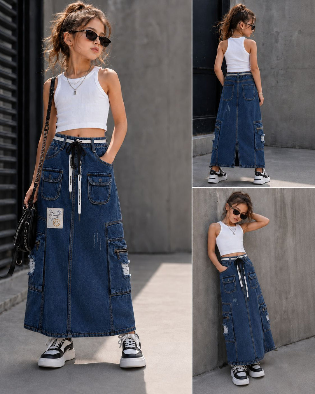 Girls Vintage Utility Cargo Denim Skirt [GS-1D-4555] [4Y-12Years]