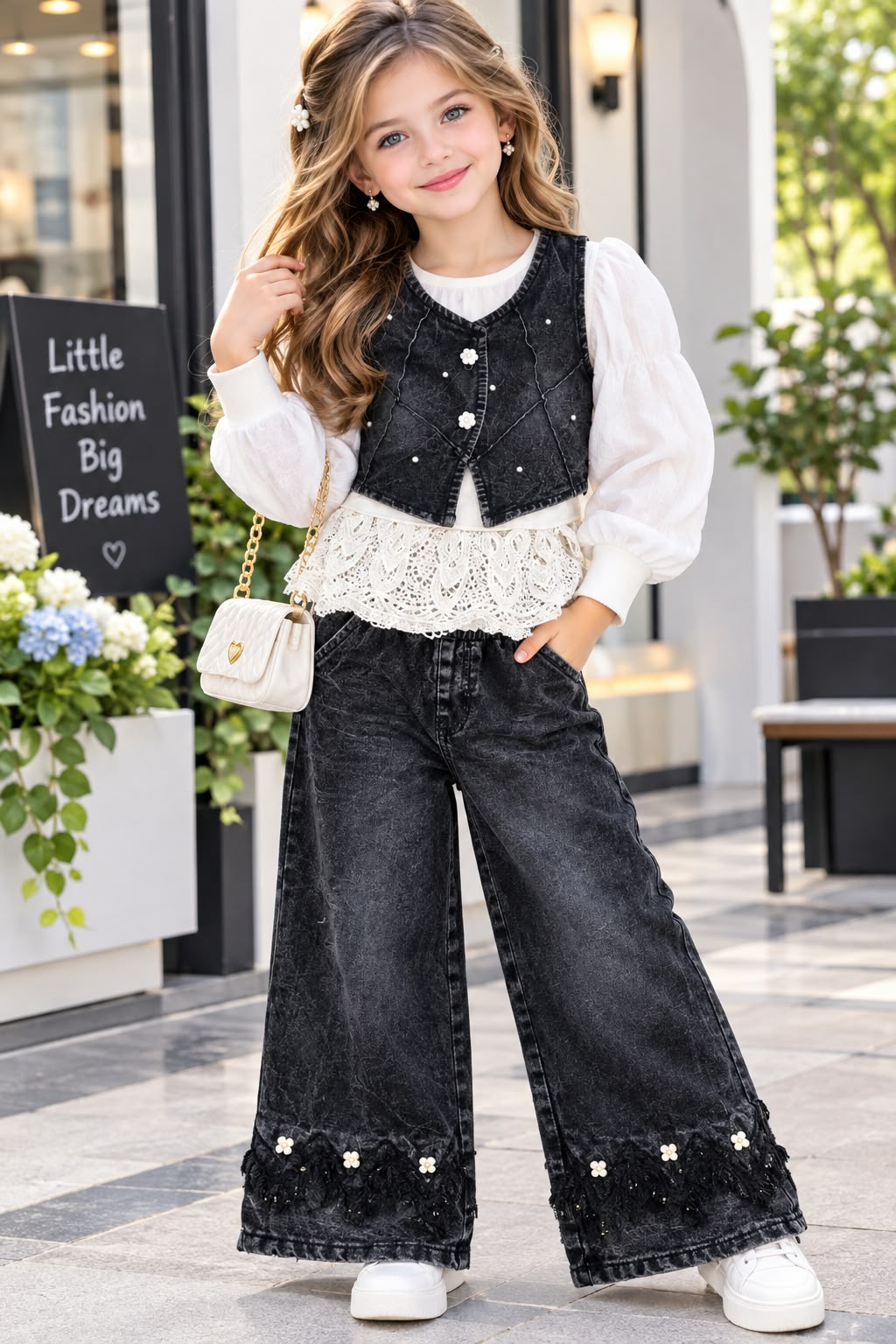 Girls Pearl Bloom 3 Piece Denim Charcoal Co-Ord Set [GCS-2F-6504] (4-12Years)