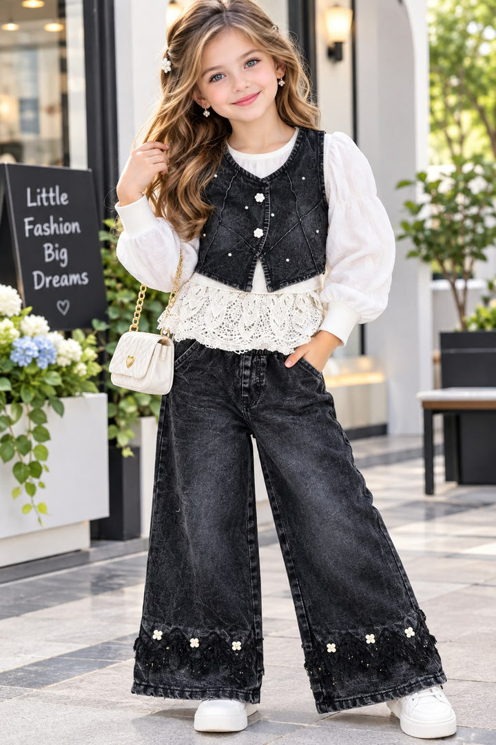 Girls Pearl Bloom 3 Piece Denim Charcoal Co-Ord Set [GCS-2F-6504] (4-12Years)