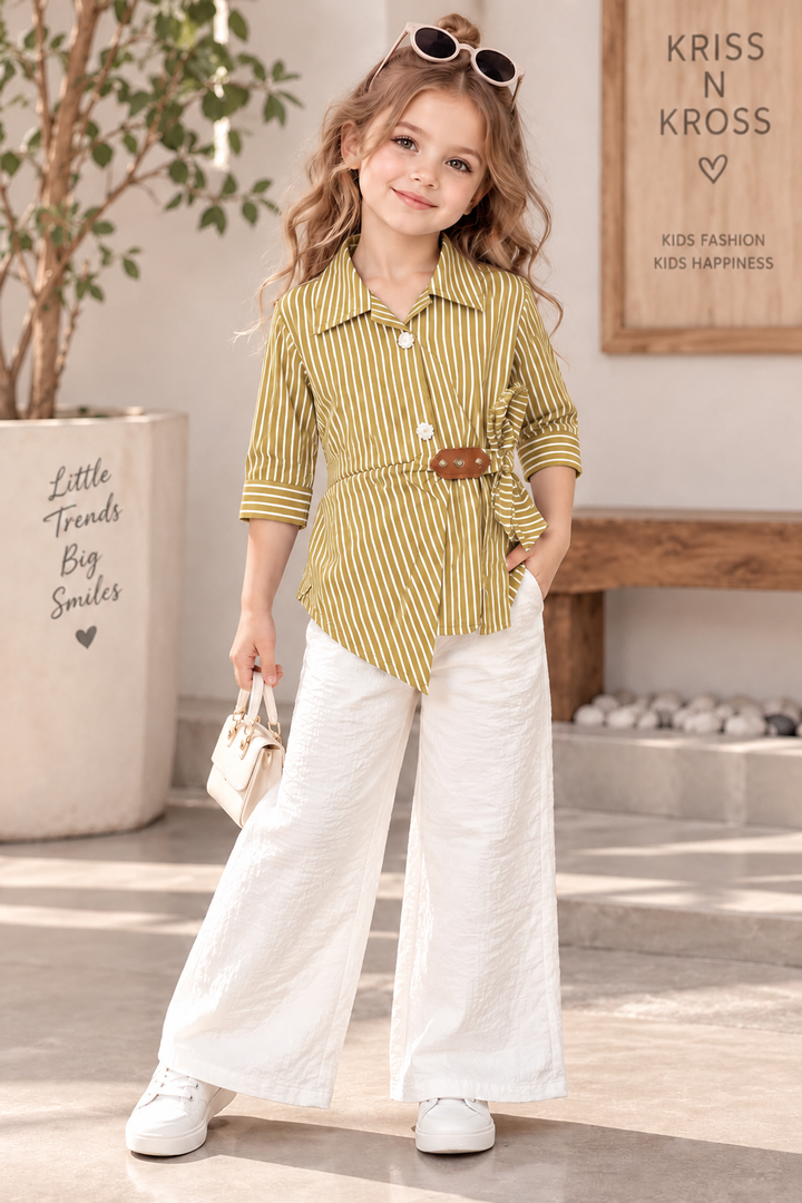 Girls Mustard Yellow Stripe Wrap Co-Ord Set [GCS-2B-4592] (4-12Years)
